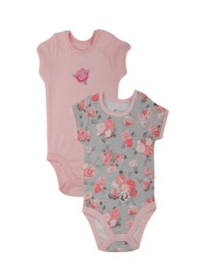 Girls Short Sleeve Embroidered & Printed Floral Bodysuit – 2 Pack (Pink/Gray)